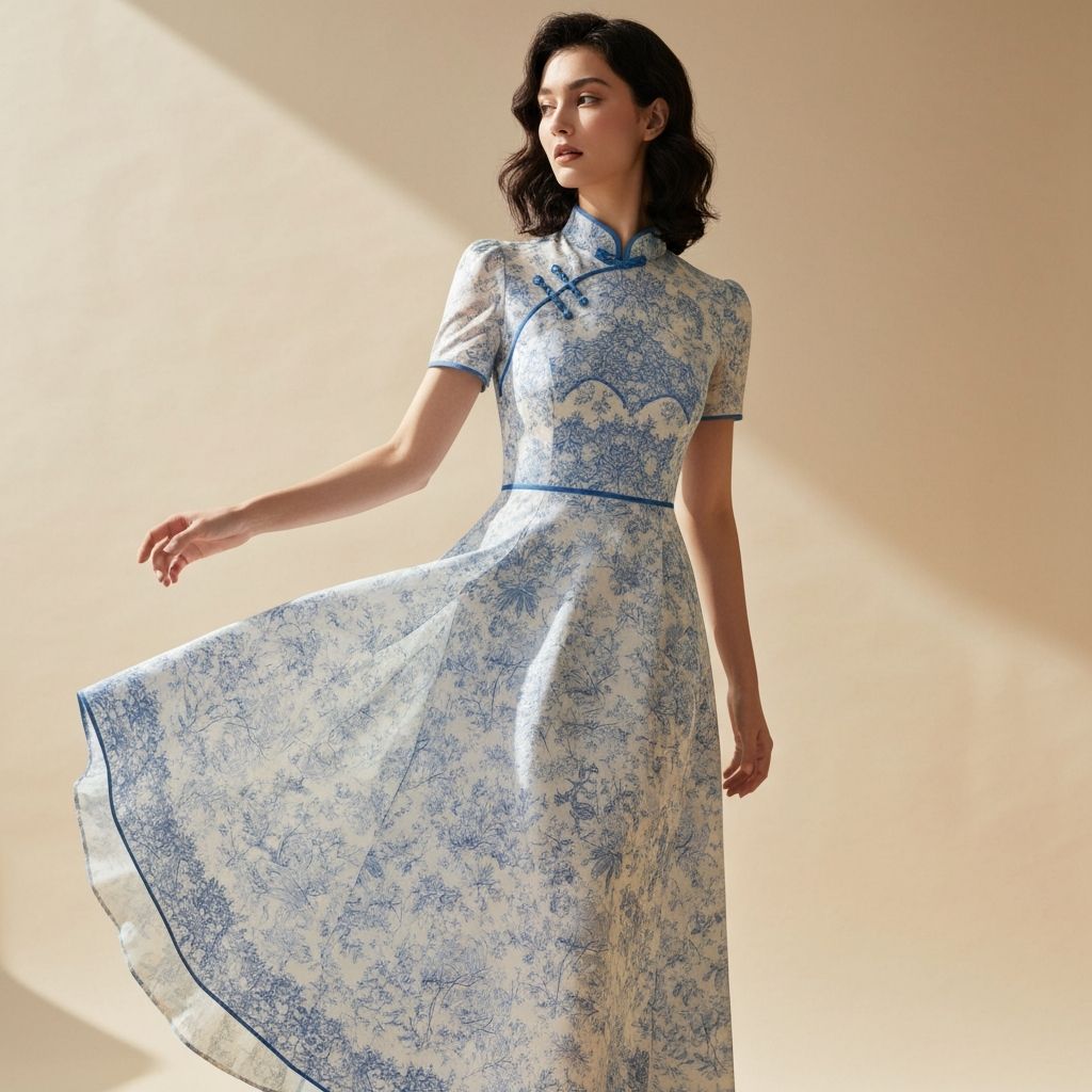 Blue and white chinoiserie print dress