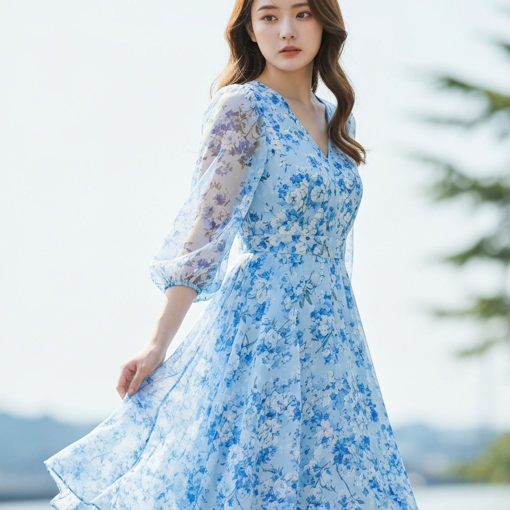 A blue and white floral dress with pockets